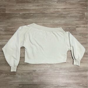 We the Free Bri Pullover Off The Shoulder Sweatshirt Beige Cropped Raw Hem Sz M